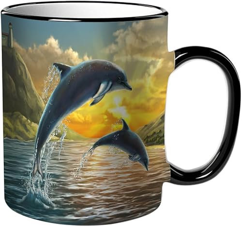 KDWJS Tazza in ceramica originale,bianco,11 once di tazze 330 ml tazza grande,tazza divertente - decora la tua tazza,Due delfini che saltano fuori dal mare sopra uno splendido tramonto. Dipinto digit