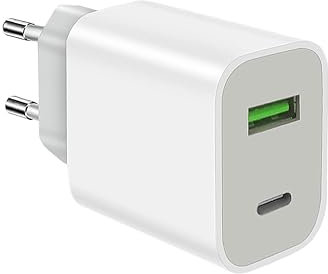 USB C Plug Fast Charger, 20W 2-Port USB C Fast Charging Adapter per iPhone 16 15 14 13 12 11 Pro Max SE XS XR 8 Plus SE, iPad, Samsung Galaxy (Bianco-1)