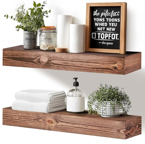 YLYHSST 24x3x7 inch Floating Shelves Wall Mounted - Set of 2 Brown Rustic Solid Wood Wall Shelf - Heavy Duty Decorative Fireplace Mantel for Living Room, Bedroom, Bathroom, Kitchen