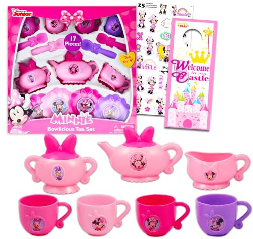 Set da tè per ragazze con Minnie Mouse, set da 17 pezzi con tazze da tè Minnie, piattini e bollitore da tè più adesivi Minnie | Set da tè Minnie Mouse