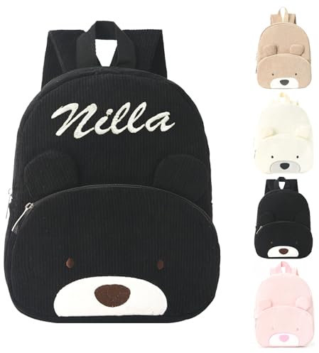 Personalisierte Rucksack Kinder mit Gestickt Namen, Bär Kinderrucksack für Mädchen Junge, Kita Mini Backpack Kleinkind, Kindergartenrucksack Schulranzen Tasche für Kindergarten Schule (Schwarz)