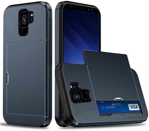 xinyunew Brieftasche für Samsung Galaxy S9 hülle mit Kartenhalter, Militärqualität Doppelwandiger Stoßfest mit Kartenfach Schutzhülle für Samsung Galaxy S9, Marineblau