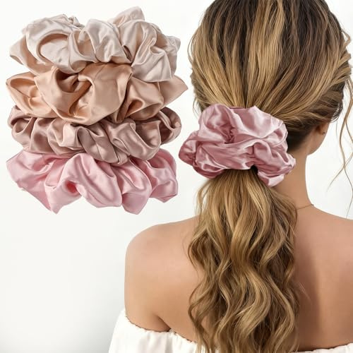Lolalet Big Scrunchies for Women, 5.9 Inch Large Satin Scrunchies Jumbo Oversized Elastic Hair Ties Extra Large Giant Hair Bands -4 Pack, Style D