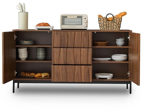 DRIXNO Sideboard 150cm Eiche Dunkel Gemasert, 3 Schubladen, Großes Sideboard, Küchenschrank, Einteilige Aussparung, Schrank für Küche, Wohnzimmer, Eingangsbereich, Flur