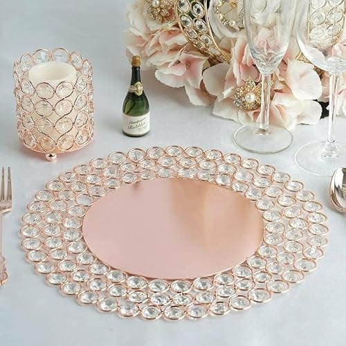 Elegant Event Essentials WeddingGeneral 14 Rose Gold Wired Beaded Metal Charger Plate with 118 Acrylic Crystal Beads Elegant Decorative Plate for Weddings, Events, Dinner Parties Centerpiece Displays