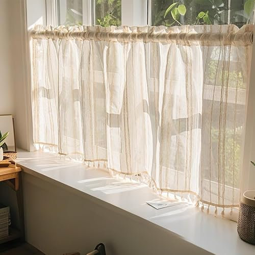Daliena Scheibengardinen mit Quaste Küchengardinen Leinen Kleinfenster Gardinen Kurzvorhang Natur Halbtransparent, Gardinen im Landhausstil Vintage (BxH 100x60cm) Naturfarben 1 stück