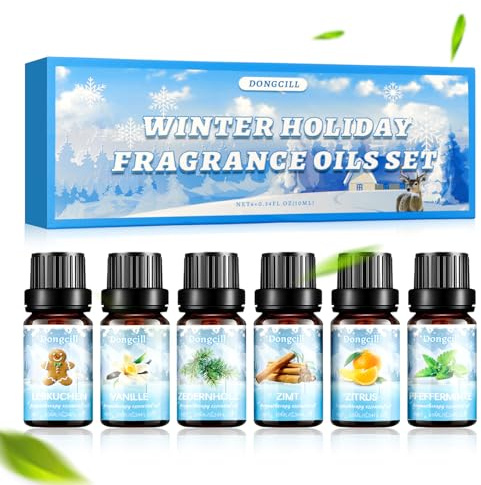 6 x 10ML Winter Ätherische Öle Set, Naturrein Aromatherapie Duftöl, Aromatherapie Duftöl Geschenk Set für Diffuser, Pfefferminze, Zeder, Zimt, Lebkuchen, Mandarine, Vanille
