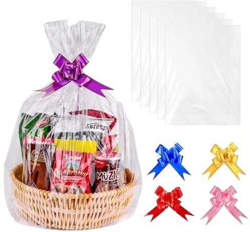 5 Stück Geschenkfolie 75x100cm, Große Geschenkfolie Transparent Cellophantüten, Durchsichtiges Geschenkpapier Cellophantüten Mit 5 Zugschleifen Geschenke Körbe für Blumen, Geschenkkörbe