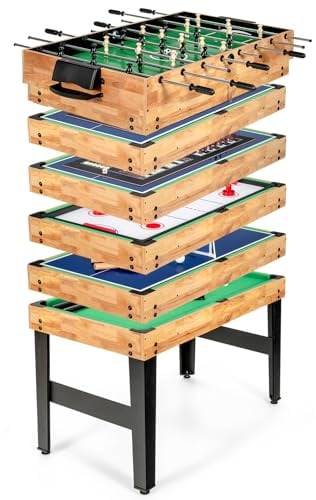 HOMASIS 10-in-1 Multifunktionstisch mit 10 Spielen für Kinder & Erwachsene | Multi Tischspiel Set mit Tischfußball, Hockey, Bowling, Tischtennis, Billard, Shuffleboard, Dame Poker Schach Backgammon