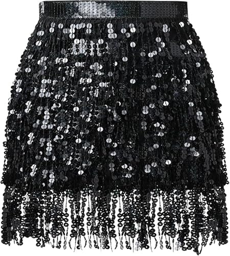 Glitzer Rock Damen Pailletten Rock, Quasten Bauchtanz Wickelrock Damen Karneval Kostüm Cowgirl Tanzkleid Steampunk Quastenrock Rave Outfit Hüfttuch Faschingskostüme für Fasching Karneval Party