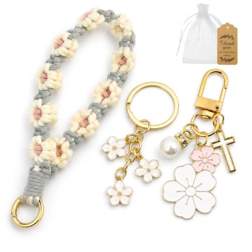 RoyalChic 3 Stück Blumen Schlüsselanhänger für Damen, Süßer Taschenanhänger | Makramee & Metall, Mit Dankeskarte & Tüllbeutel, Pink-Weiß, Für Mutter Tochter Freundin Kollegen