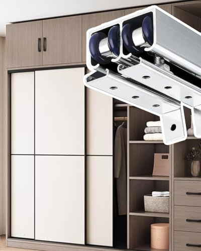 Rail Porte Coulissante Kit de Rails en Aluminium pour Porte Coulissante Double/Penderie, Coulisse Coulissante à Roulettes, Kit de Rails pour Porte de Placard(Silver,250cm/98.4inch)