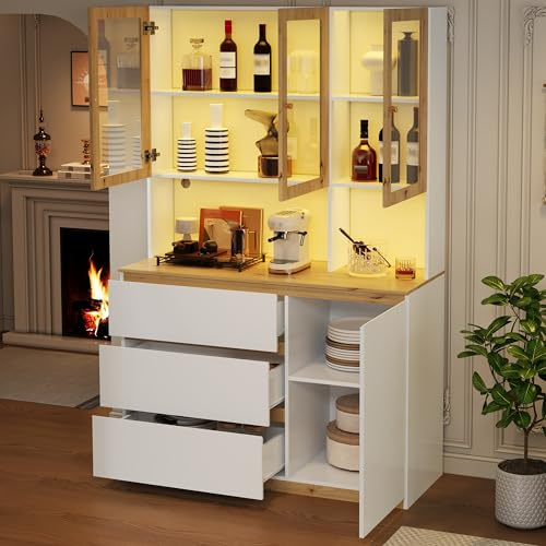 Kebnor Vitrine/Hochschrank mit LED-Beleuchtung – 120 × 200 cm, mit verlängerter Arbeitsplatte, multifunktionales Standmöbel, weiß und Eiche – Glasvitrine, Küchenhochschrank und Bücherregal