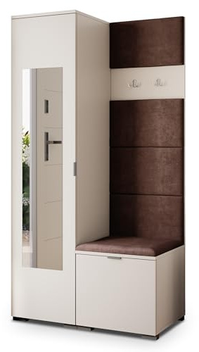 Masseno Flugarderoben Set VIRA, Kleiderschrank-Set mit Spiegel und Sitzbank, Garderobenschrank Flur mit 3 Regalböden, Kaschmir