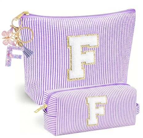 Borsa Cosmetici Viola Personalizzata con Iniziale F, Pochette Trucco con Ciondolo a Farfalla e Nappa per Ragazze