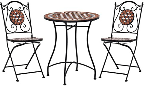 HETFTJN 3-TLG. Bistro-Set Mosaik Gartenmöbel Set aus Keramik und Eisen, Runde Sitzgruppe mit Gartentisch und 2 Stühlen für Balkon, Terrasse und Garten, Terrakotta-Rot