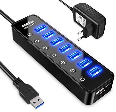 Atolla USB 3.0-Hub, 7 Ports, Multi-USB-Port, Stromversorgung mit Schalter, unabhängig, 5 V/3 A, 15 W, Adapter für Stromversorgung, Schwarz 7 ports Hub USB 3.0 avec 15w adaptateur