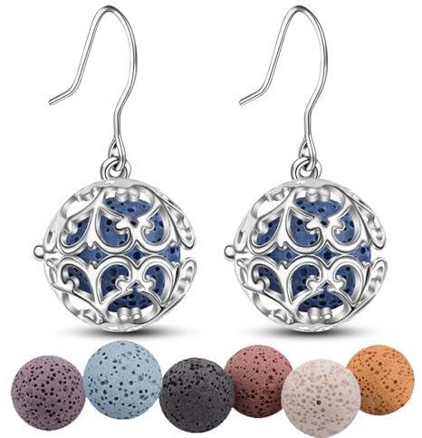 INFUSEU Drop Ohrringe für Frauen, Versilbert Iris Atherisches Öl Parfüm Haken Baumeln Diffusor Leben Rattan Silber Uberzogene Medaillon mit 6 Paar Lava Stones 12mm