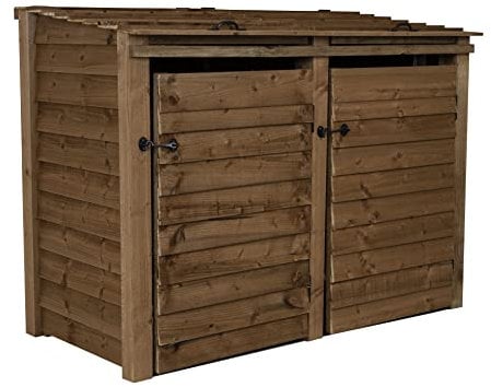 Wheelie bin storage pressure treated garden recycling store lid shed outdoor trash cover (Double, Without recycling shelf, Brown)
