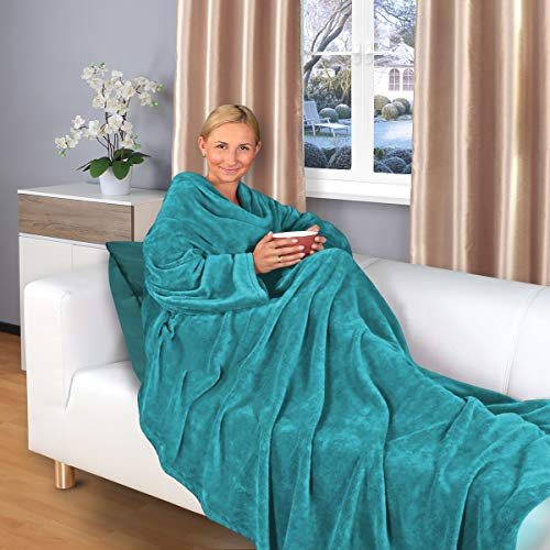 Gräfenstayn® Kuscheldecke mit Ärmeln und Fußtasche - Flauschige Decke zum anziehen - Öko-tex Standard 100 - Ärmeldecke für Damen & Herren - TV-Decke (Türkis, 180x150cm)