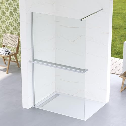 Walk in Duschglas 80x200 cm Duschwand Glas für Begehbare Dusche mit Handtuchhalter Duschablage Duschregal Badregal ESG Sicherheitsglas 8 mm klar NANO beschichtet Stabilisator Chromoptik