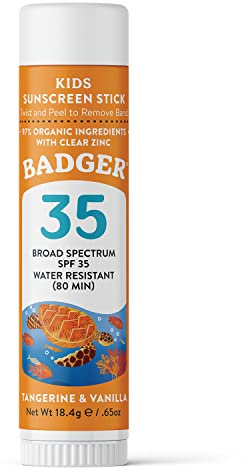 Badger Mineral Kids Sunscreen Face Stick SPF 35, Zinc Oxide Travel Size Sunscreen Stick for Kids, 97% Organic Ingredients, Reef Safe, Water Resistant, .65 oz
