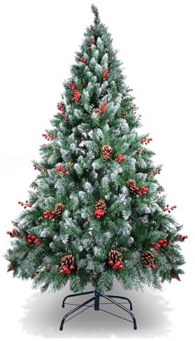 Albero di Natale da 6ft / 1.8 m, Albero di Natale Artificiale innevato con Aghi di Pino Misti, Bacche Rosse e Base e Cerniere in Metallo Premium, per Decorazioni Natalizie per Interni ed Esterni