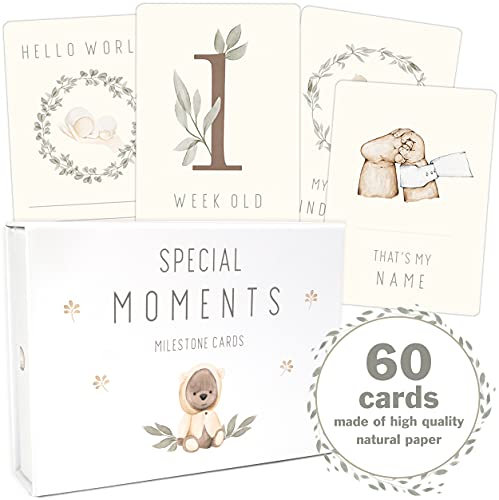 OLGS Baby Milestone Cards | Monthly set of 60 cards Teddy Lou for Boy and Girl | Baby cards gender neutral | Baby Milestones + magnetic box | Babyparty, Babyshower, Gifts cards for special moments