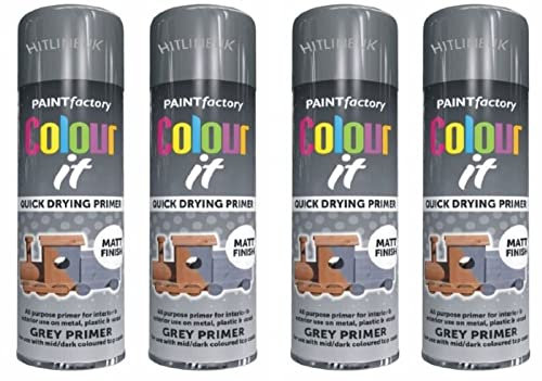 HitlineUK 4 x COLOUR-IT PRIMER GREY MATT SPRAY PAINT PLASTIC METAL WOOD 250ML
