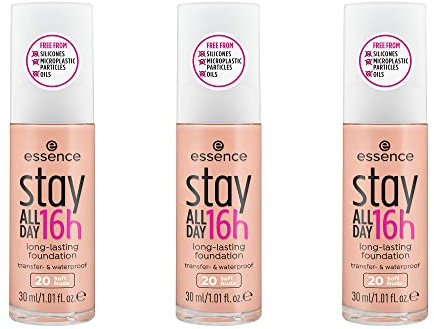 essence stay ALL DAY 16h long-lasting Foundation, Make Up, wischfest, wasserfest, Nr. 20 Soft Nude, nude, langanhaltend, mattierend, matt, vegan, ölfrei, wasserfest, 3er Pack (3 x 30ml)