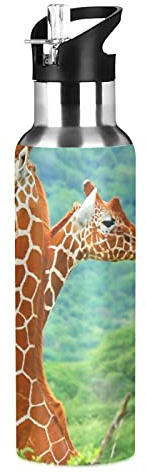 Vnurnrn Cerf Girafe Sauvage Africain Mignon Bouteille d'eau Isotherme avec Paille en Acier Inoxydable Gourde 600ML, Sans Bpa Gourdes Eau pour Enfant Sport Randonnée École Bureau