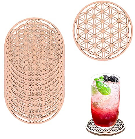 MEZHEN Blume des Lebens Untersetzer Birkenholz Rund Untersetzer Retro Korkuntersetzer Gläser für Getränke Kaffee-Tee-Untersetzer Tischsets Coaster Wiederverwendbar 10 Stück