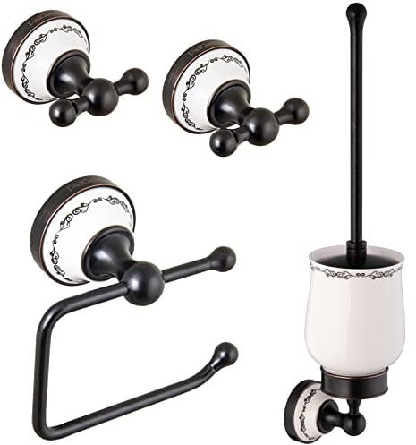 PaulGurkes schwarzes Bad Zubehör Retro Accessoires mit Bordüre Set Haken WC-Bürste WC-Papierhalter Vintage Handtuchhaken Klobürste Klopapierhalter schwarz Kupferoptik Kupferelemente Handtuchhalter