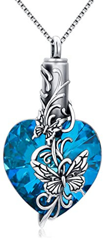 ROMANTICWORK Schmetterling Urne Kette Sterling Silber Herz Kristall Urnen Anhänger für Asche Urne Hund Mensch Andenken Halskette Schmuck Einäscherung Medaillons Geschenke