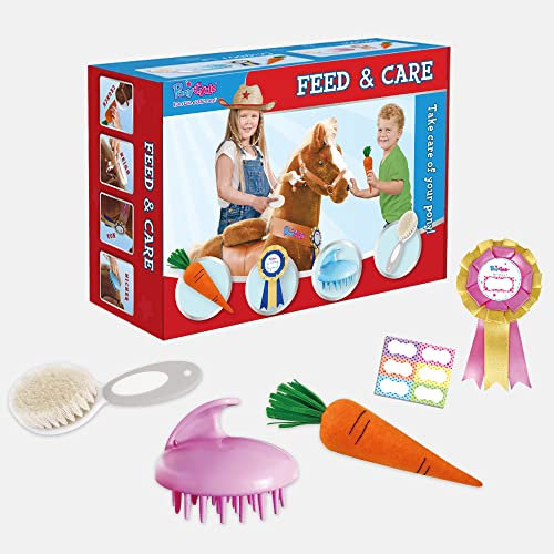 PonyCycle Einhorn Pferdespielzeug Futter & Pflegeset, 5-teiliges Sortiment. Pflegebürste, Haustierbürste, Karotte, Aufkleber, Namensschild, Mädchen Kinder- Modell U und Modell K
