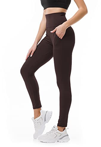 SINOPHANT Sport Leggings Damen mit Taschen, High Waist Sportleggins Lang Blickdicht Laufhose Fitnesshose Sporthose Yogahose für Yoga Sport(#1er Pack Braun,S-M)
