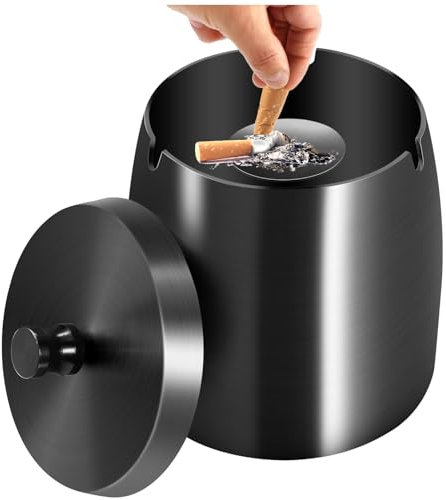 Royouzi Cenicero, Cenicero con Tapa, Cenicero a Prueba de Viento de Acero Inoxidable, Cenicero Portátil Cenicero, de Mesa con Base Antideslizante Ideal para Decoración de Hogar y Oficina
