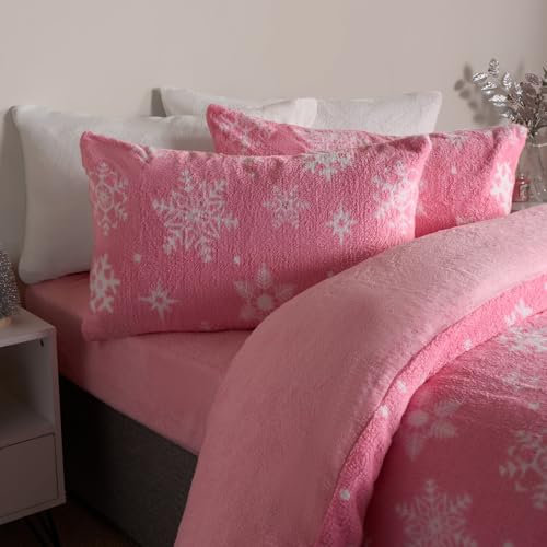 OHS Christmas Bedding Double, Xmas Snowflakes Teddy Fleece Duvet Set Super Soft Warm Cosy Winter Christmas Duvet Set Double Comfy Luxurious Quilt Xmas Bedding with Pillowcases, Pink