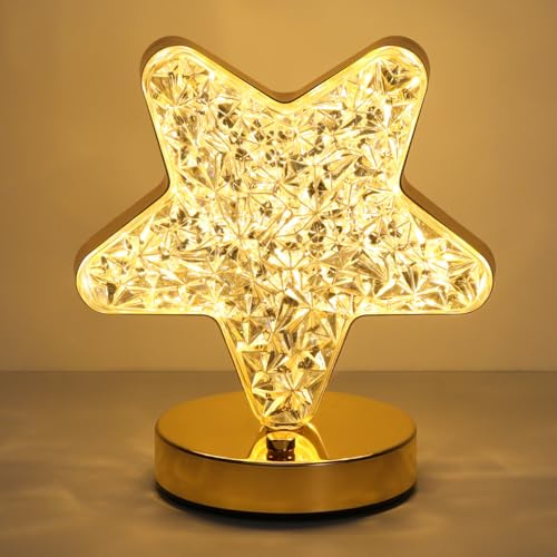Lewondr Stern Tischlampe, Stufenlos Dimmbar LED Lampe mit 3 Farben, Wiederaufladbar Nachttischlampe mit USB-Anschluss, Kristall Sternlicht Tischdeko für Nachttisch Schreibtisch Schlafzimmer Wohnzimmer