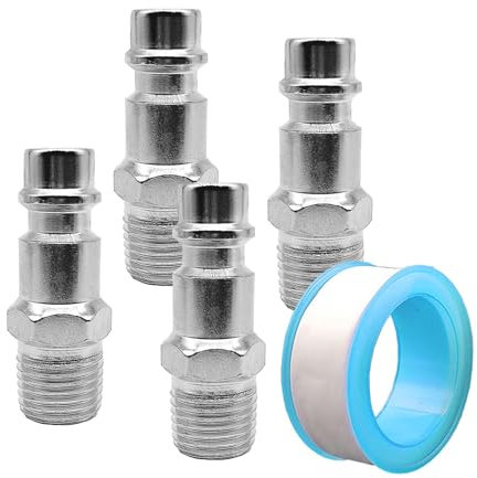 4 pièces Connecteur pour compresseur d'air avec 1 Rouleau ruban adhésif, extérieur 1/4 raccord pour compresseur d'air filetage, Convient à la plupart des conduites d'air
