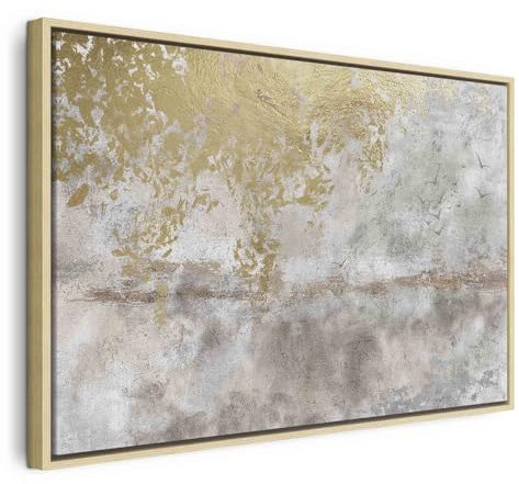 B&D XXL Bilder mit Rahmen 90x60 cm Wandbilder groß Leinwandbild XXL natürlicher Holzrahmen modern Wanddekoration Kunstdruck Wanddeko Wohnzimmer Schlafzimmer Abstrakte Landschaft Natur Vögel