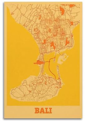 Oranges Vintage-Karten-Poster, Bali, Indonesien, dekoratives Gemälde, Leinwand-Kunstbild, 30 x 45 cm