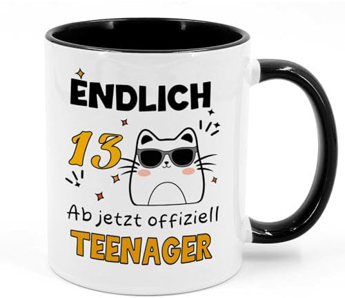 Tarklanda 13. Geburtstag Kaffeetasse, Tasse mit Spruch endlich 13. Ab jetzt offiziell Teenager - Tasse aus Keramik Geschenk für 13-jährige Junge Mädchen zum Geburtstag (Schwarz)
