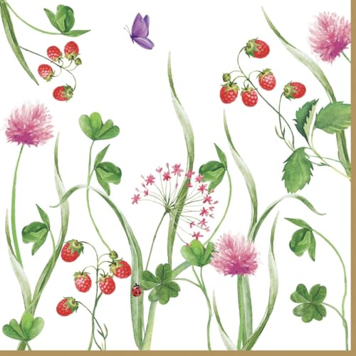 20 Servietten Blumen Einzelne Pflanzen mit Erdbeeren als Tischdeko. Papierservietten mit Motiv. Auch für Decoupage und Serviettentechnik 33x33cm