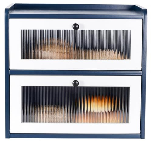 GUUSII HOME Bread Bin Wooden Bread Storage Box for Kitchen Countertop Double Decker Large Bread Container for Homemade Bread Front Opening Vintage Tall Bread Cupboard Keep Fresh (Blue, L)