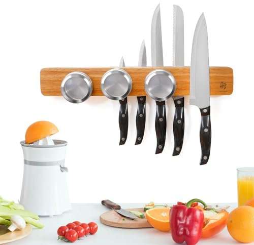 HeimArt 2in1 starke Magnetleiste Messer - Messerhalter magnetisch aus echten Akazienholz - inkl. 3 Edelstahl-Gewürzdosen, 41 cm Messerhalter für Wand, Magnethalter - Messerblock magnetisch