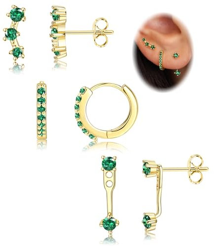 Ohrringe Silber 925 Set Für Damen - Hypoallergen Piercing Ohr Creolen Gold Kleine Ohrstecker Silber 925 Stapelbar Zirkonia Ohrstecker Ohrringe Helix Piercings Für Mehrere Ohrlöcher Gold,Grün CZ