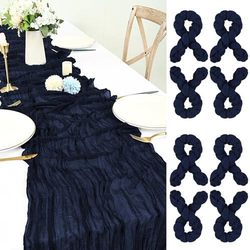 Lot de 8 Chemin de Table en étamine Bleu Marine Royal, 55x180cm Lavable Tissu Chemin de Table Boho pour Mariage Romantique Douche Nuptiale Candlelight Dinner Translucide Gaze Décoration de Table