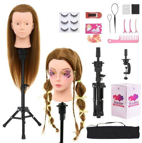 Neverland Tete a Coiffer et a Maquiller avec Support, 71 cm Tête de Maquillage 60% Vrai Cheveux Naturels Cosmétologie Têtes d'exercice pour Coiffure Avec Pince de Table, Cils, Ensemble de Tresse