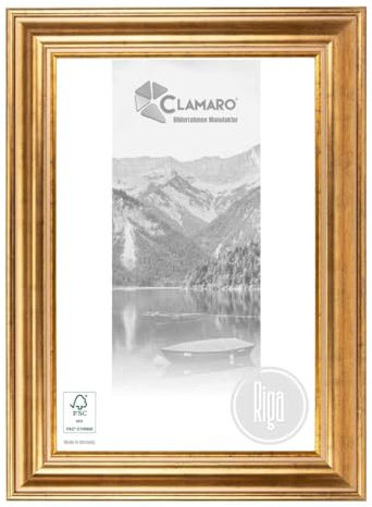 Clamaro Cadre Photo Riga Baroque Ancien, Bois Massif, 68 mm, Doré, 50x70 cm | Épicéa, Profondeur de Moulure 33 mm, Format Extérieur 62x82 cm, Verre Acrylique, Panneau Arrière HDF, Crochet Métallique